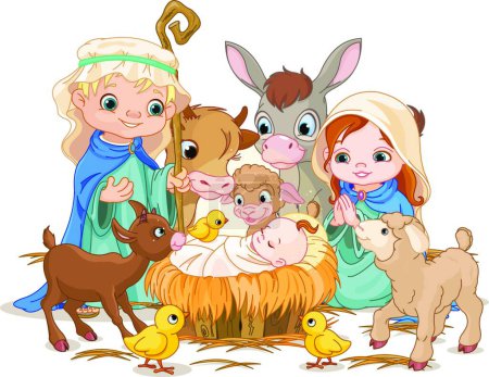 Téléchargez les illustrations : "Sainte Famille la nuit de Noël "icône plate, illustration vectorielle - en licence libre de droit