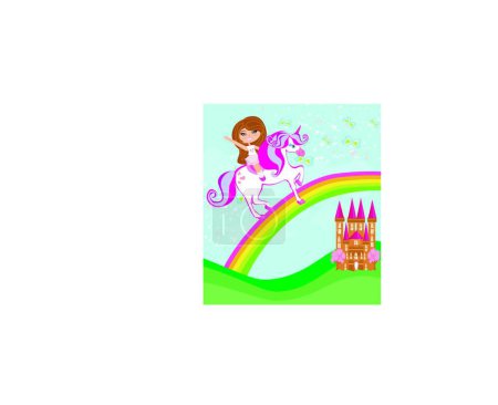 Ilustración de "chica en un unicornio volando en un arco iris "icono plano, vector de ilustración - Imagen libre de derechos