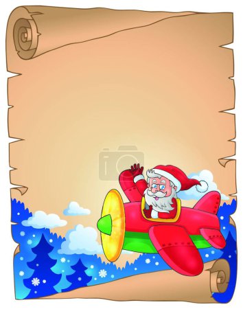 Illustration for Parchment with Santa Claus in plane, graphic vector illustration - Royalty Free Image