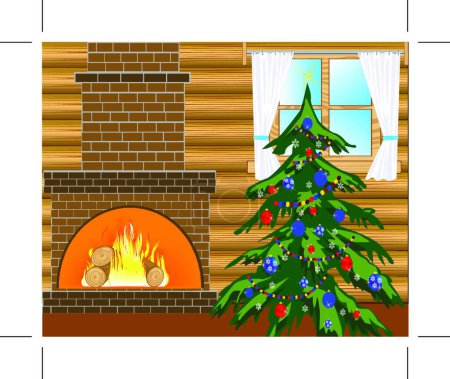 Illustration for Room with natty fir tree, graphic vector illustration - Royalty Free Image