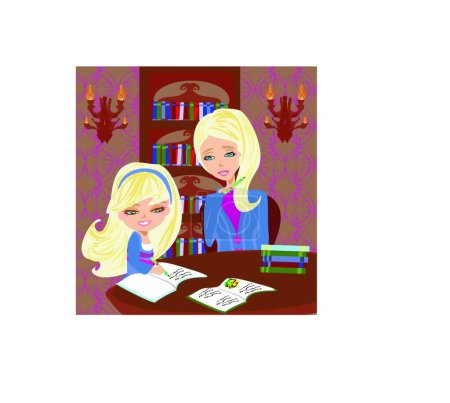 Illustration for Mom helping her daughter with homework or schoolwork at home - Royalty Free Image