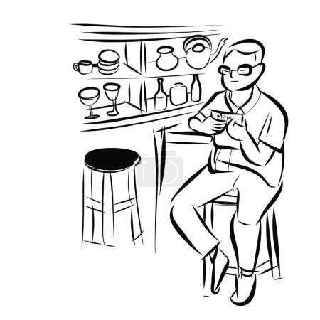 Ilustración de Hombre sentado en la barra de taburetes y menú de lectura - Imagen libre de derechos