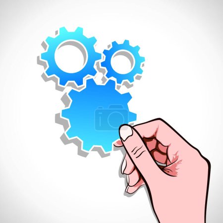 Illustration for Blue gear sticker in hand vector illustration - Royalty Free Image
