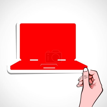 Illustration for Red laptop sticker in hand - Royalty Free Image