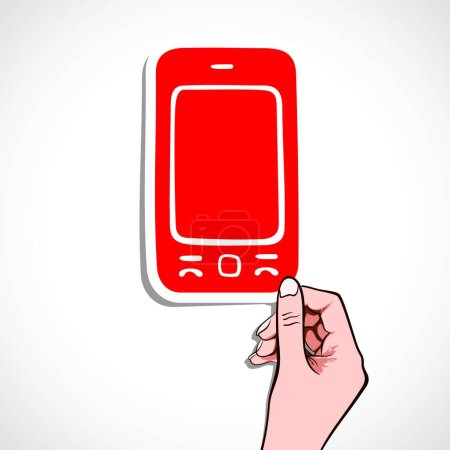 Illustration for Red mobile sticker on hand vector illustration - Royalty Free Image