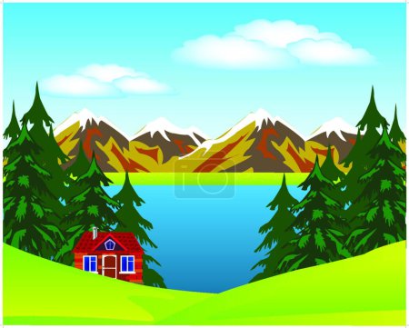 Téléchargez les illustrations : Maison au bord du lac, illustration vectorielle design simple - en licence libre de droit
