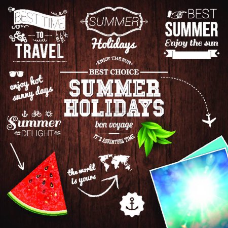 Illustration for Summer design. Poster for summer holidays. Wooden background - Royalty Free Image