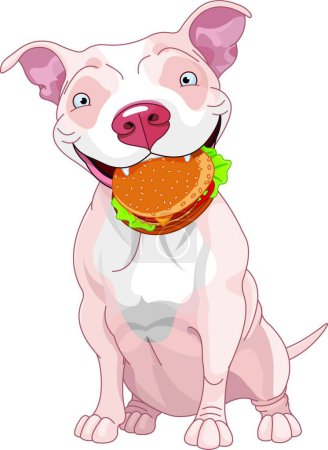 Illustration for Pit Bull Dog Eats Hamburger, vector illustration simple design - Royalty Free Image