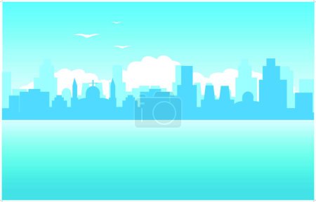 Téléchargez les illustrations : Silhouette de la ville au bord de la mer, illustration vectorielle design simple - en licence libre de droit