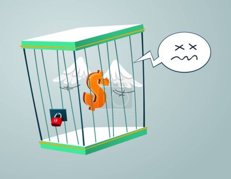 Téléchargez les illustrations : Dollar volant piégé dans une cage, illustration vectorielle conception simple - en licence libre de droit
