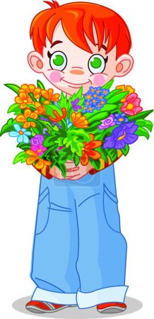 Téléchargez les illustrations : Garçon avec des fleurs, illustration vectorielle design simple - en licence libre de droit