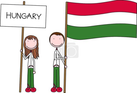 Téléchargez les illustrations : Drapeau hongrois avec des personnages de dessins animés, illustration vectorielle design simple - en licence libre de droit