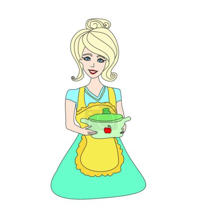Téléchargez les illustrations : Femme au foyer servant de la soupe, illustration vectorielle design simple - en licence libre de droit