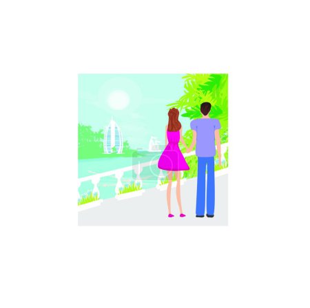 Téléchargez les illustrations : Couple sur illustration vectorielle tropicale - en licence libre de droit