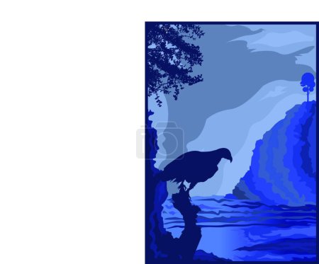 Téléchargez les illustrations : Scène de montagne avec Aigle de nuit, illustration vectorielle design simple - en licence libre de droit