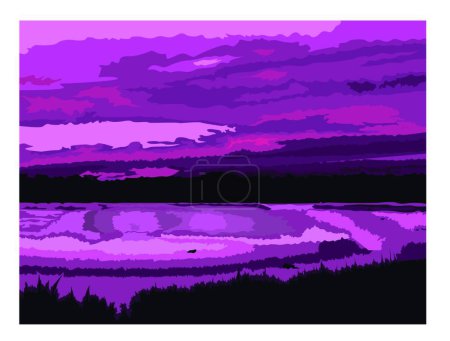 Téléchargez les illustrations : Lac Scène crépuscule, illustration vectorielle conception simple - en licence libre de droit