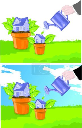 Illustration for "Hand watering houses" colorful vector illustration - Royalty Free Image