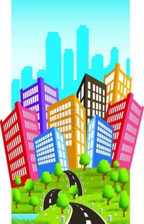 Illustration for "Road to a city" colorful vector illustration - Royalty Free Image