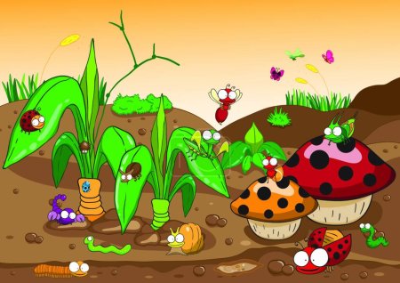 Illustration for "Insects family on the ground and tree. Insects cartoon and vecto" - Royalty Free Image