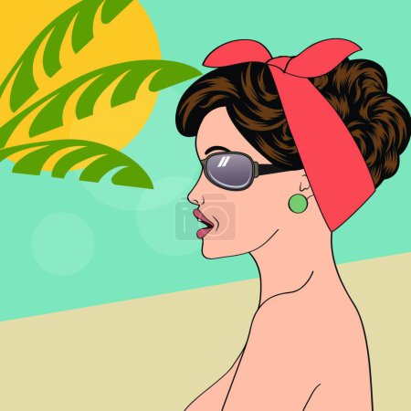 Téléchargez les illustrations : "Hot pop art fille sur une plage "" illustration vectorielle colorée - en licence libre de droit