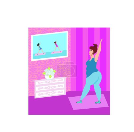 Ilustración de "mujer obesa haciendo ejercicios en casa mientras ve el programa en la televisión
" - Imagen libre de derechos