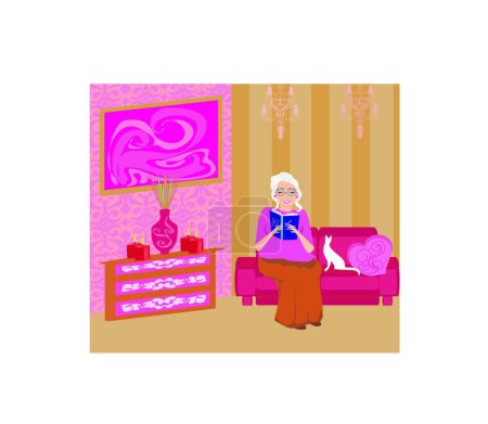 Ilustración de "Mujer mayor en sala de estar leyendo un libro" - Imagen libre de derechos