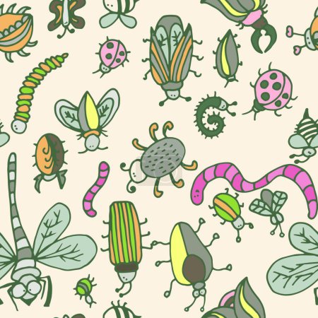 Ilustración de Patrón de insectos de dibujos animados lindo. textura de concepto de verano. - Imagen libre de derechos