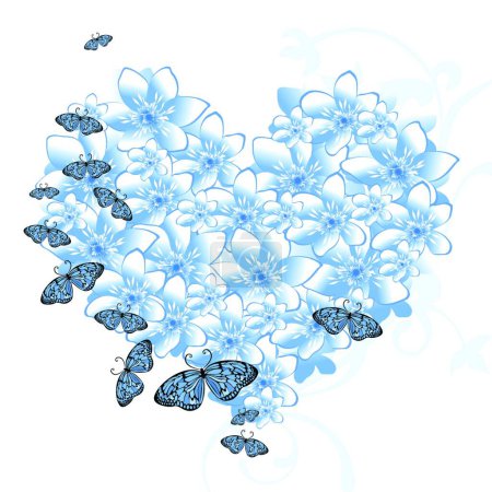 Téléchargez les illustrations : Icône de coeur avec des fleurs et des papillons, illustration vectorielle - en licence libre de droit