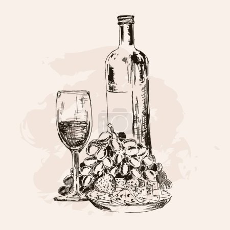 Téléchargez les illustrations : Bouteille de vin, verre, raisins et collations - en licence libre de droit