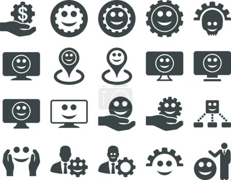 Illustration for "Tools, gears, smiles, map markers icons." - Royalty Free Image