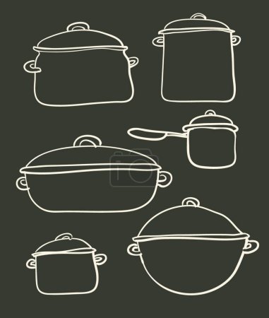 Téléchargez les illustrations : Ensemble de batterie de cuisine, illustration vectorielle - en licence libre de droit
