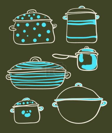 Téléchargez les illustrations : Ensemble de batterie de cuisine, illustration vectorielle - en licence libre de droit