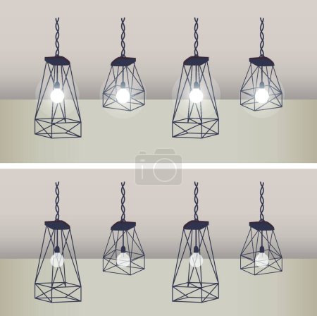 Illustration for Set of modern ceiling lights with black metal cage and white lamps - Royalty Free Image