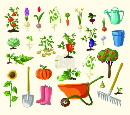 Téléchargez les illustrations : Ensemble d'icônes de jardinage, illustration vectorielle - en licence libre de droit