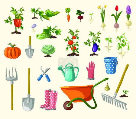 Téléchargez les illustrations : Ensemble de jardinage illustration vectorielle - en licence libre de droit
