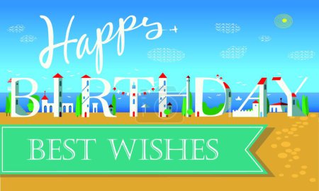 Illustration for "Happy Birthday Inscription. Cute white houses" - Royalty Free Image