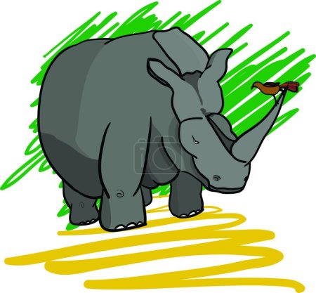 Ilustración de Rhino y pájaro, ilustración vectorial colorida - Imagen libre de derechos