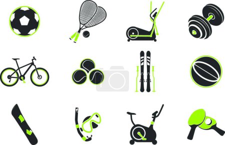 Téléchargez les illustrations : Symboles d'équipement sportif, illustration vectorielle simple - en licence libre de droit