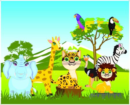 Ilustración de Tarjeta colorida con animales de dibujos animados lindos - Imagen libre de derechos