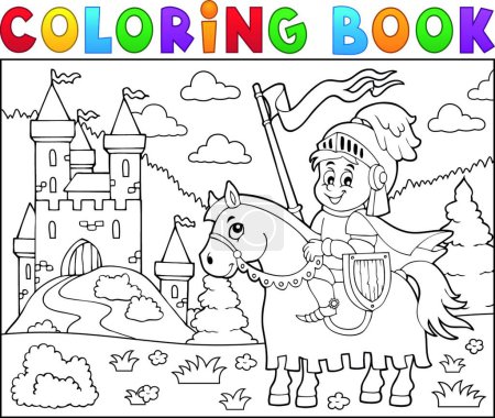 Illustration for "Coloring book knight on horse by castle" - Royalty Free Image