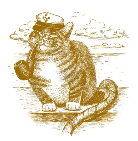 Illustration for Cat captain drawn by hand - Royalty Free Image