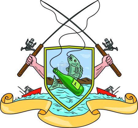 Téléchargez les illustrations : Bobine de tige de pêche Crochet poisson Bouteille de bière Armoiries dessin - en licence libre de droit