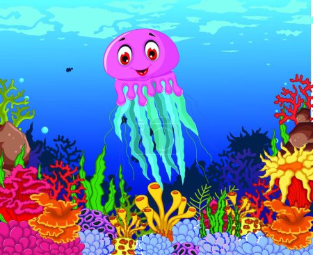 Téléchargez les illustrations : Drôle de dessin animé méduses avec fond de vie de la mer beauté - en licence libre de droit