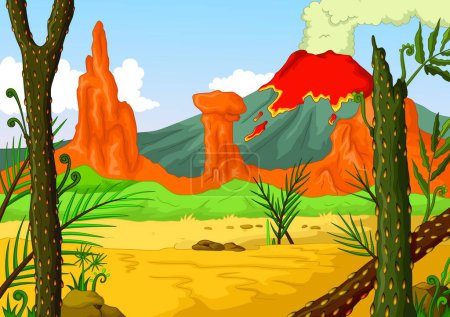 Téléchargez les illustrations : Volcan de dessin animé avec fond de paysage - en licence libre de droit