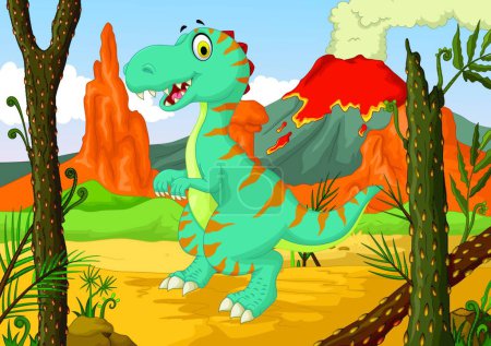 Ilustración de "Dibujos animados de dinosaurios divertidos con fondo de paisaje forestal
" - Imagen libre de derechos