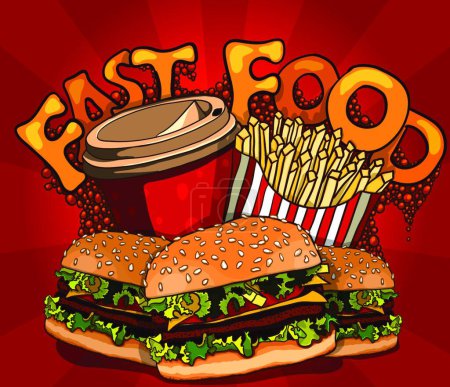 Téléchargez les illustrations : Bannière fast food avec cola, hamburger et frites - en licence libre de droit
