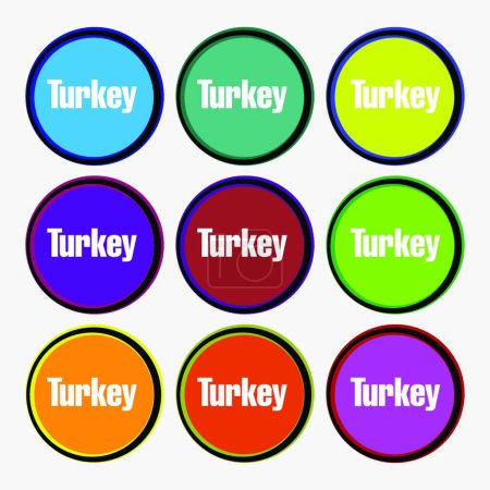 Ilustración de "Signo de icono de Turquía. Nueve botones redondos multicolores. Vector" - Imagen libre de derechos