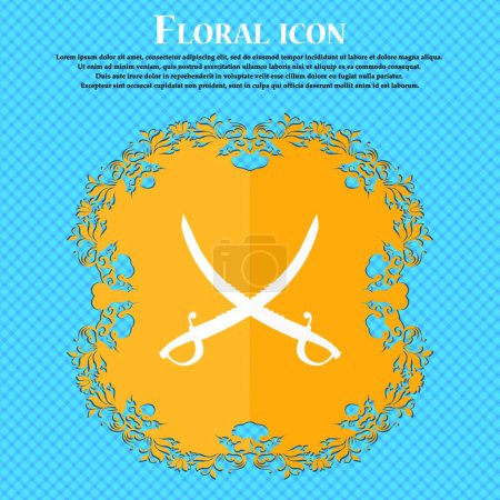 Ilustración de "Icono de sable cruzado. Diseño plano floral sobre un fondo abstracto azul con lugar para su texto. Vector" - Imagen libre de derechos