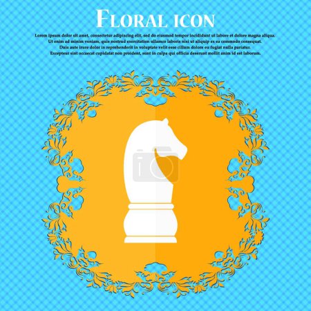 Ilustración de "Icono de caballero de ajedrez. icono. Diseño plano floral sobre un fondo abstracto azul con lugar para su texto. Vector" - Imagen libre de derechos