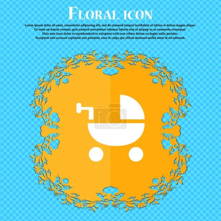 Illustration for "Baby Stroller icon sign. Floral flat design on a blue abstract background with place for your text. Vector" - Royalty Free Image